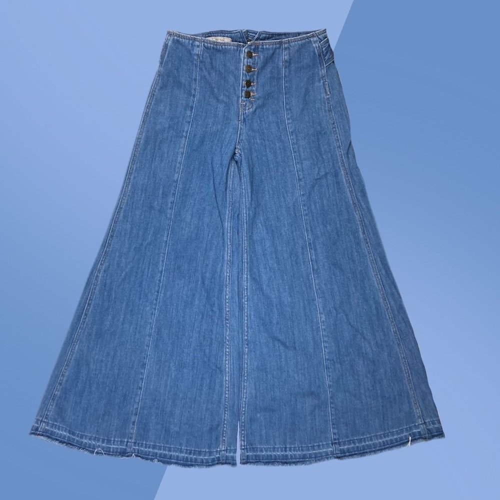 Free People Solid Blue Denim Wide Leg Raw Hem Flare Boho Jeans Women's 27